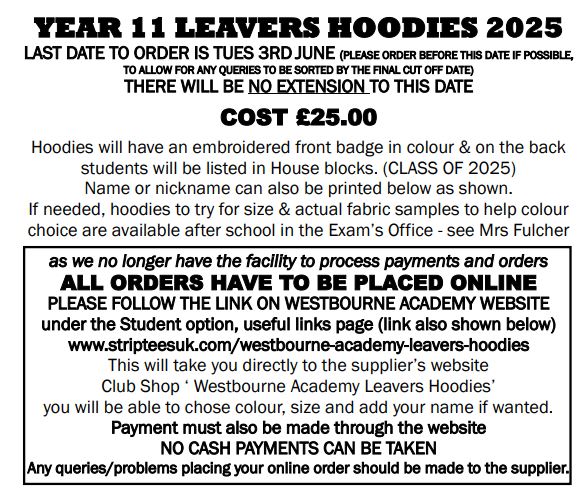 Class of 2025 Leavers Hoodie Info